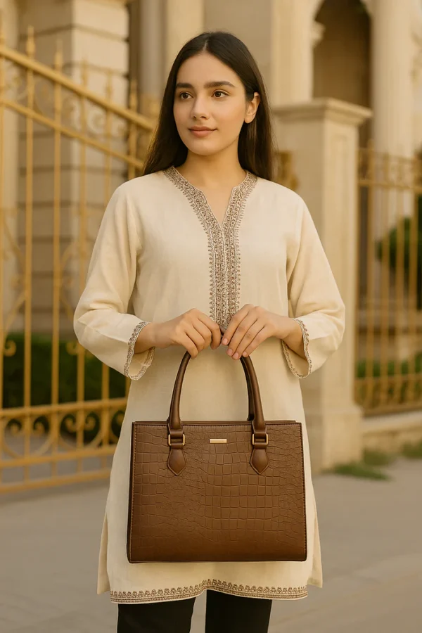 Croc Coffee Brown Luxury 2 Pcs Tote Set - Image 2